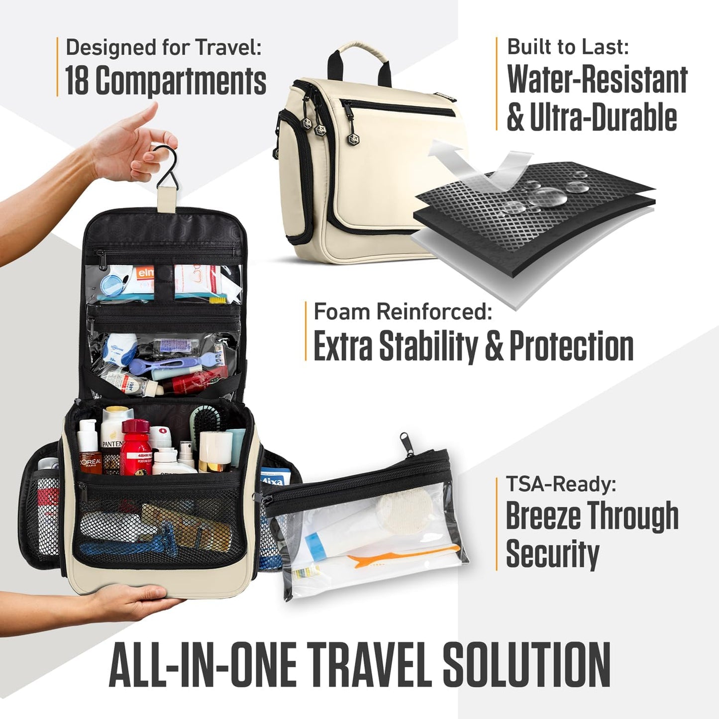 VENTURE 4TH Hanging Travel Toiletry Bag for Women & Men - Travel Organizer with Expandable Compartments & Removable Clear Pouch for Toiletries (Beige)