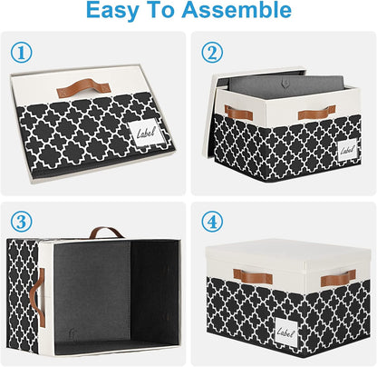 Large Storage Bins with Lids, Foldable Fabric Storage Baskets with Lids, Sturdy Storage Boxes with Labels and 3 PU Handles for Closet Home Bedroom Office (26L, 3 Packs, Black Plaid&White)