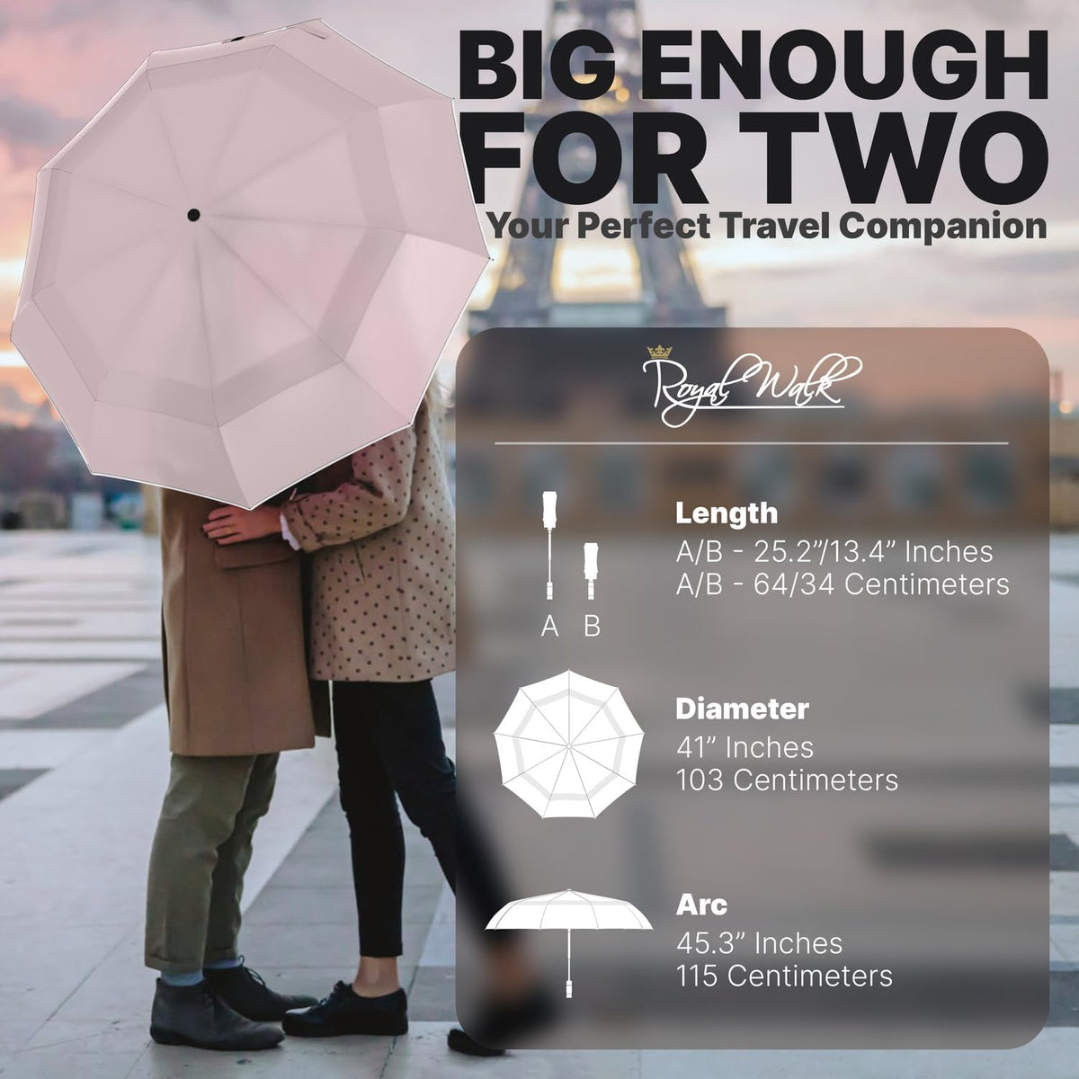 Royal Walk Windproof Folding Travel Umbrella Compact and Strong Luxurious Real Wood Handle Automatic Open Close Vented Double Canopy for Men and Women
