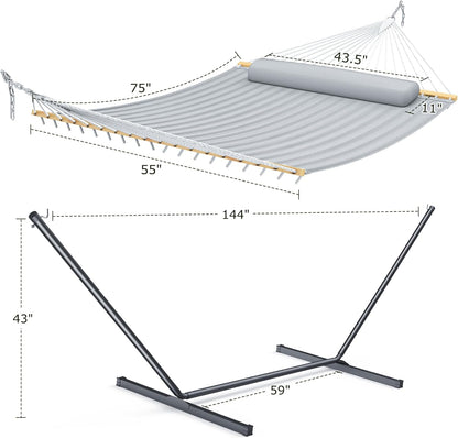 Double Hammock with Stand for Outdoor, Heavy Duty Portable Hammock with Adjustable Steel Stand for Patio, Garden, Beach, Backyard - Includes Carrying Bag,Dark Grey