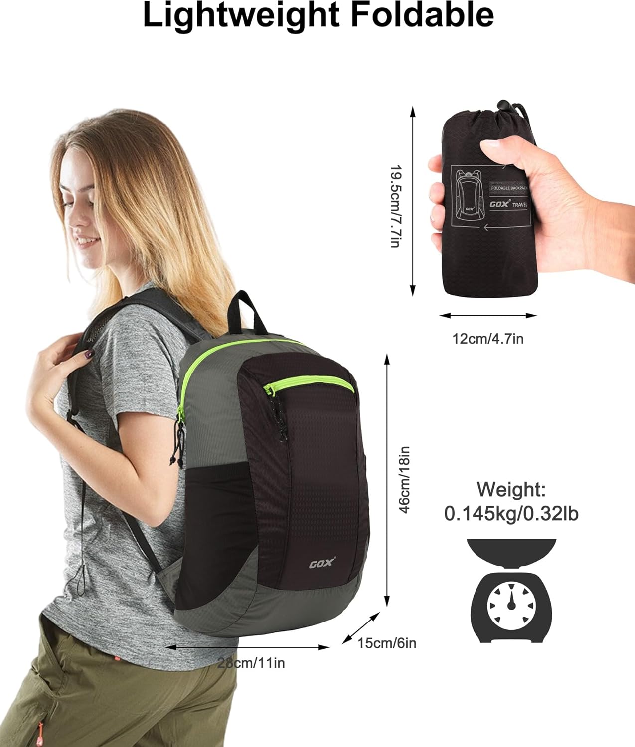 GOX Foldable 20l Backpack For Travel Lightweight Hiking Packable Daypack for Men Travel Camping Outdoor Bag Women (Black)