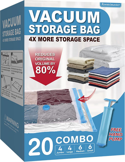 20 Pack Vacuum Storage Bags with Pump, Space Saver Vacuum Storage Bags, Vacuum Seal Bags for Clothing, Comfoters, Pillows, Blanket, Bedding