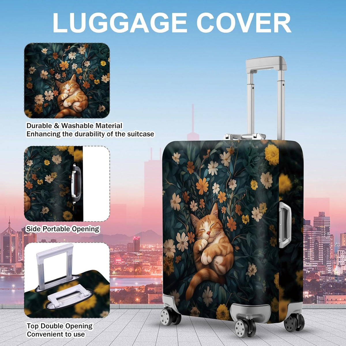 ANNA QUEEN Peaceful Cat Luggage Cover, Sleeping Cat with Floral Design, Stretchable, Washable Travel Sleeve for 28-30 Inch Luggage
