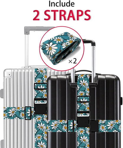 White Daisy Luggage Straps for Suitcases TSA Approved, Luggage Identifiers for Suitcase, Adjustable Suitcase Strap for Baggage Security with Cute Patten, Travel Necessary Accessories (2 Pack)