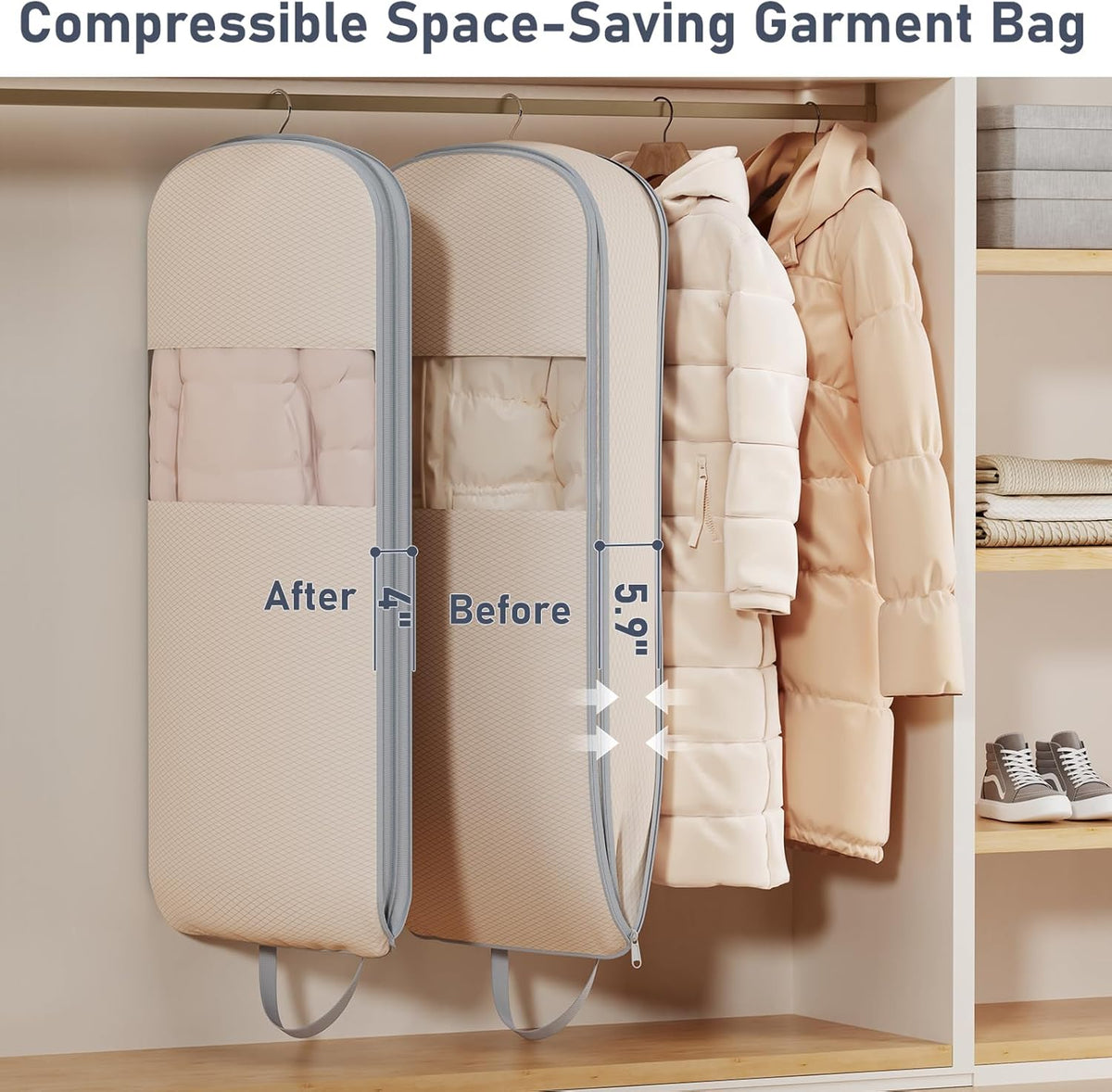 DIMJ 4 Pack 43" Compression Garment Bags for Hanging Clothes With Carry Handles and Window, Space Saving Washable Suit Bag for Dress, Clothes, Coats, Down Jacket, Closet Storage, Moving, Travel