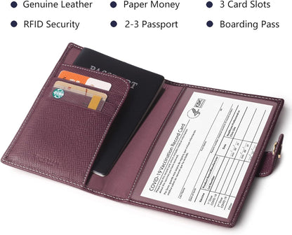 Genuine Leather Passport Case, RFID Passport Cover with Credit Card Holder for Women and Men Family ID Travel