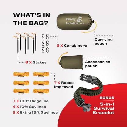 Rain Fly 12x10 Lightweight Survival Camping Tarp; 100% Waterproof; Makes a Great Backpacking Tarp or Hammock Shelter; Comes in Multiple Colors, Survival Bracelet Included; OD-Green