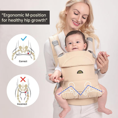 Baby Carrier for Newborns to Toddlers, Adjustable, Ultra-Soft and Weightless, Ergonomic Baby Carrier with Head Support, Baby Travel Gear, Baby Essentials (Beige),