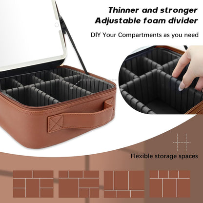 Makeup Bag with Led Mirror,Travel Makeup Organizer with 3 Color Setting, Portable Storage and Adjustable Dividers Travel Makeup Bag(Dark brown)
