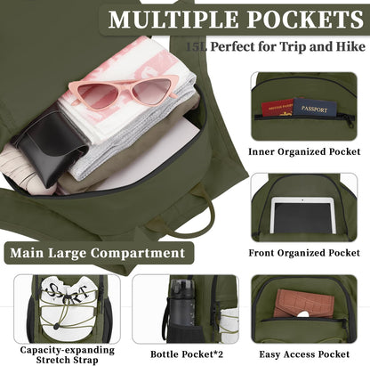 ZOMFELT Hiking Backpack for Women Men, 15L Lightweight Packable Backpacks for Trip, Water Resistant Small Travel Backpack, Foldable daypack for Hiking, Walking, Cycling, Camping, Green