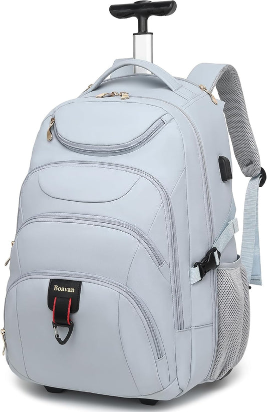 Boavan Rolling Backpack for Women, 17.3 Inch Wheeled Laptop Backpack,Large Travel Carry-On Bag for Teachers College Students, USB Charging Port Waterproof Business for Airplane Overnight Luggage，Blue