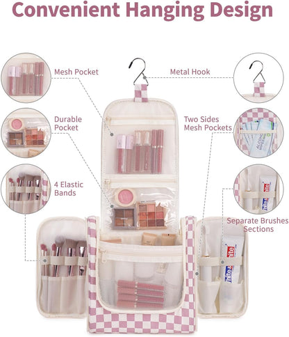 Narwey Checked Hanging Travel Toiletry Bag for Women, Travel Bag for Toiletries, Makeup Bag Organizer Cosmetic Bags Make Up Bags for Women (Dusty Rose Checkerboard)