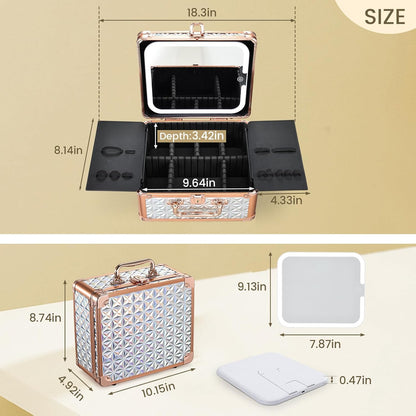 Makeup Train Case with Magnetic LED Mirror Makeup Organizer Box Travel Cosmetic Case with 3 Colors LED Mirror Portable Vanity Make up Suitcase with Lockable Keys Dividers Brush Holder, Silver