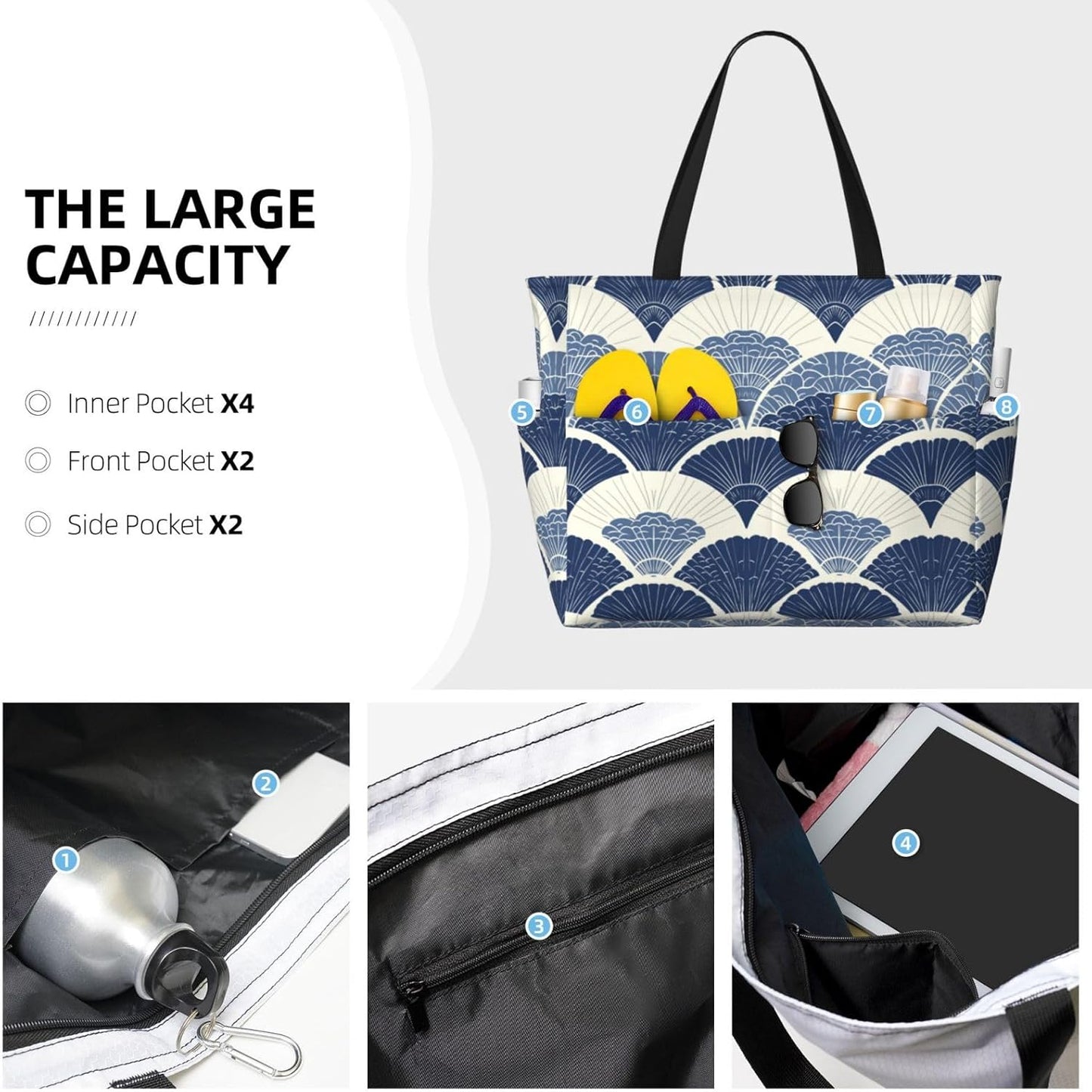 Beach Bag for Women Beach Tote Bag Waterproof Sandproof Large Bags with Zipper Big Capacity for Vacation Travel