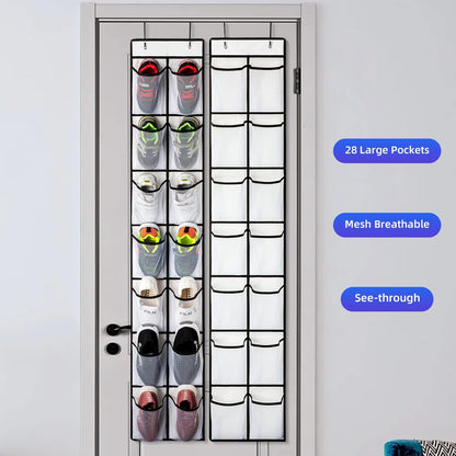 KEEPJOY Over the Door Shoe Organizer, Hanging Shoe Organizer with 4 Hooks, Shoe Holder with 14 Mesh Pockets Closet Door Shoe Storage Bag (White-2Pack)