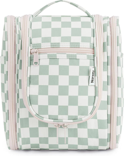 Narwey Small Checkered Hanging Travel Toiletry Bag for Women, Travel Bag for Toiletries, Makeup Bag Organizer Cosmetic Bags Make Up Bags for Women (Mint Green Checkerboard)