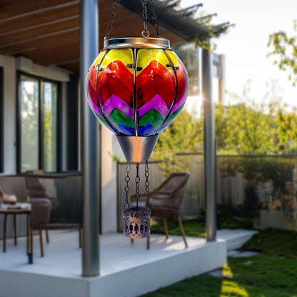 Hot Air Balloon Solar Lantern with Flickering Flame Light Glass Hanging Solar Lanterns Outdoor Waterproof for Garden Tree Yard Patio Party Decor, Color-Wave
