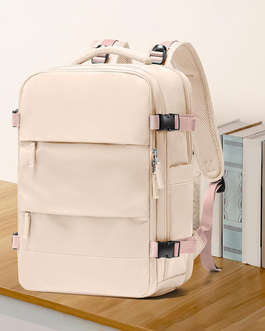 coowoz Large Casual Travel Backpack For Women Men,Carry On Rucksack Flight Approved,Hiking Waterproof Outdoor Sports Daypack Fit 15.6 Inch Laptop Shoes Compartment (Beige)