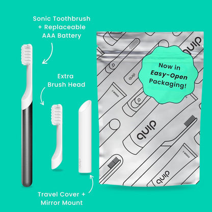 Quip Sonic Toothbrush for Adults with Timer - Includes Extra Brush Head and Travel Cover Mount - Electric, Soft Bristle Refill Head, Metal Handle, 3 Month Battery Life - Travel Toothbrush - Slate