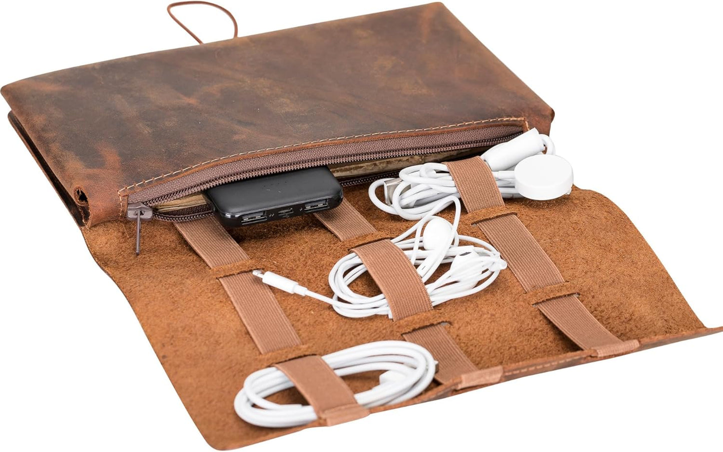 HARDISTON Custom Genuine Leather Electronic Cable Organizer Bag Handmade Travel Cord Organizer Roll Case for Hard Drives, Cables, Charger, Phone, USB, SD Card (Large - Brown)