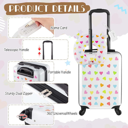 Sanwuta 4 Pcs Kids Luggage Set Kids Backpack Travel Rolling Suitcase with Wheels U-shape Pillow Childrens Gift for Girls Boys(20 Inch,Heart Style,White)