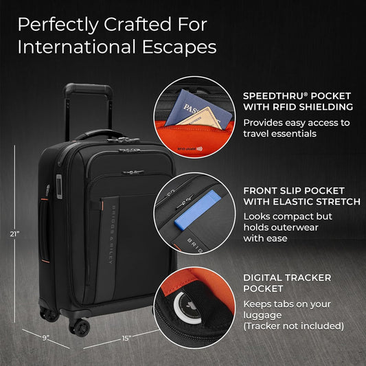 Briggs & Riley International 21" Carry On Expandable Spinner - Luggage for Travel, Suitcases with Wheels, Softside Rolling Bag for Men & Women - ZDX Collection, Black