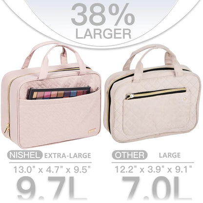 NISHEL Travel Toiletry Bag for women, Portable Hanging Organizer for Family-Sized Shampoo, Conditioner, Brushes Set, Makeup Accessories, Extra Large Size, Pink