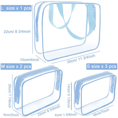 APREUTY Clear Makeup Bags, TSA Approved 6 Pcs Cosmetic Makeup Bags Set Clear PVC with Zipper Handle Portable Travel Luggage Pouch Airport Airline Vacation Organization (Haze Blue)