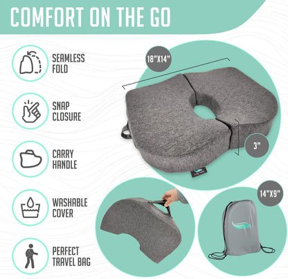 Premium Foldable Travel Tailbone Seat Cushion - for Relief of Lower Back, Sciatic, Butt and Tailbone Pain - for Home & Office Use, Perfect for Travel or Driving