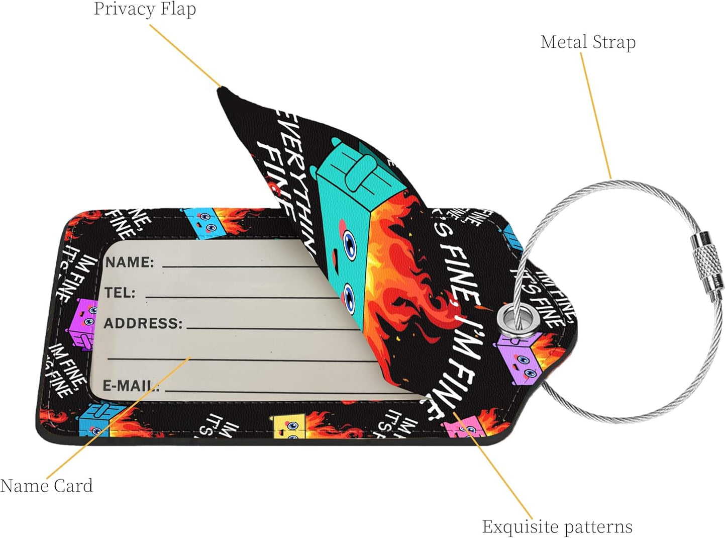 2 Pcs Luggage Tags for Suitcases, PU Leather Cruise Ship Luggage Tags with Privacy Cover Label Address Card and Durable Metal Ring Suitable for Men Women Handbags Backpacks Schoolbag,Dumpster Fire