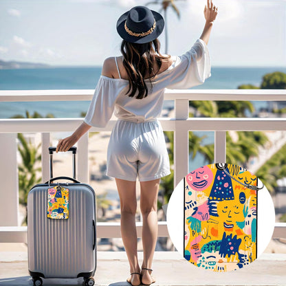 Luggage Tags for Suitcases, 2-Pack PU Leather for Cruise & Travel, Baggage ID Tags with Privacy Cover & Address Card, Durable Metal Ring, Kids Adults Travel Accessories, Abstract Joy Faces