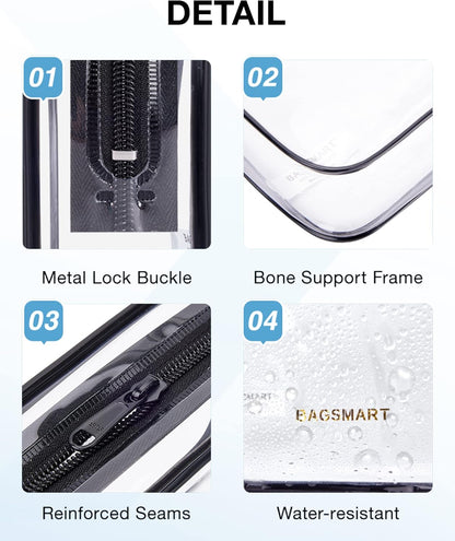 BAGSMART Clear Toiletry Bag, 2 Packs TSA Approved Water resistant Quart Size Travel Organizer, Airport Airline Travel Essential Carry On Makeup Cosmetic Bags for Women, Black