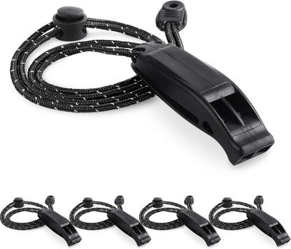 4Pack Emergency Whistle with Adjustable Reflective Lanyard, Shrill Loud Rescue Whistles for Outdoor Survival Hiking Camping Hunting Fishing Boat Kayak Life Vest Jacket Boating Rescue Signaling (Black)