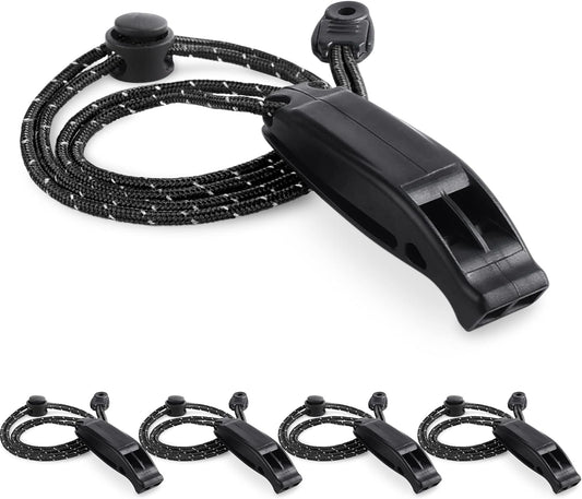 4Pack Emergency Whistle with Adjustable Reflective Lanyard, Shrill Loud Rescue Whistles for Outdoor Survival Hiking Camping Hunting Fishing Boat Kayak Life Vest Jacket Boating Rescue Signaling (Black)