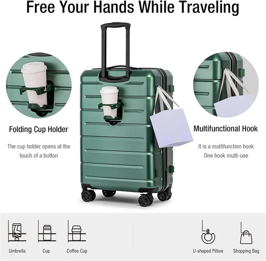 KYME 26 Inch Luggage TSA Approved Hardshell 26" Suitcases with Spinner Wheels Durable Medium Travel Checked Luggage with Cup Holder for Women Men Green