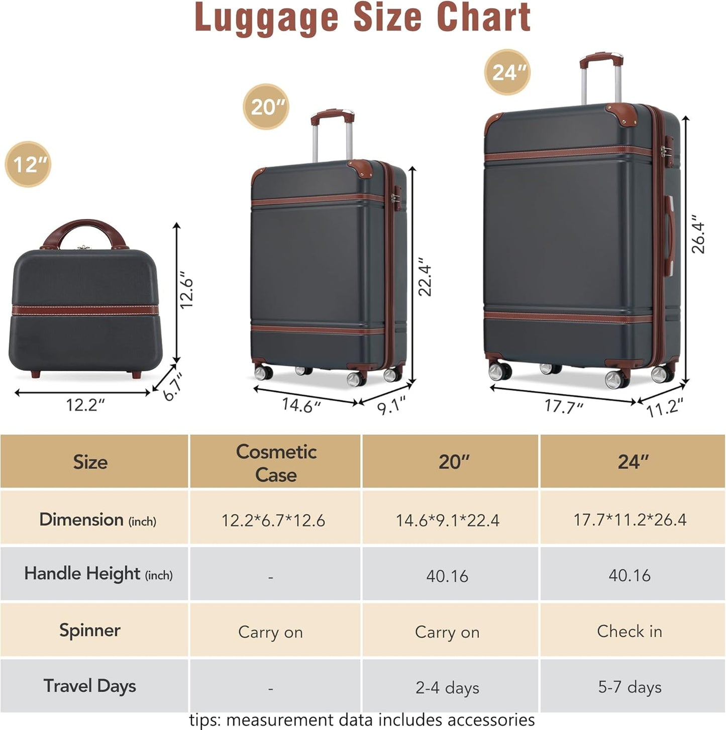 Merax Luggage Set 2 Piece Suitcase Set with Cosmetic Case Expandable Spinner Wheels Vintage Luggage Sets(Black,20"+24")