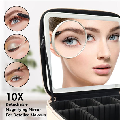 Travel Makeup Bag with LED Mirror and 10x magnifying glass with 3 Lighted Settings, Adjustable Dividers and Makeup Brush Storage Bag White