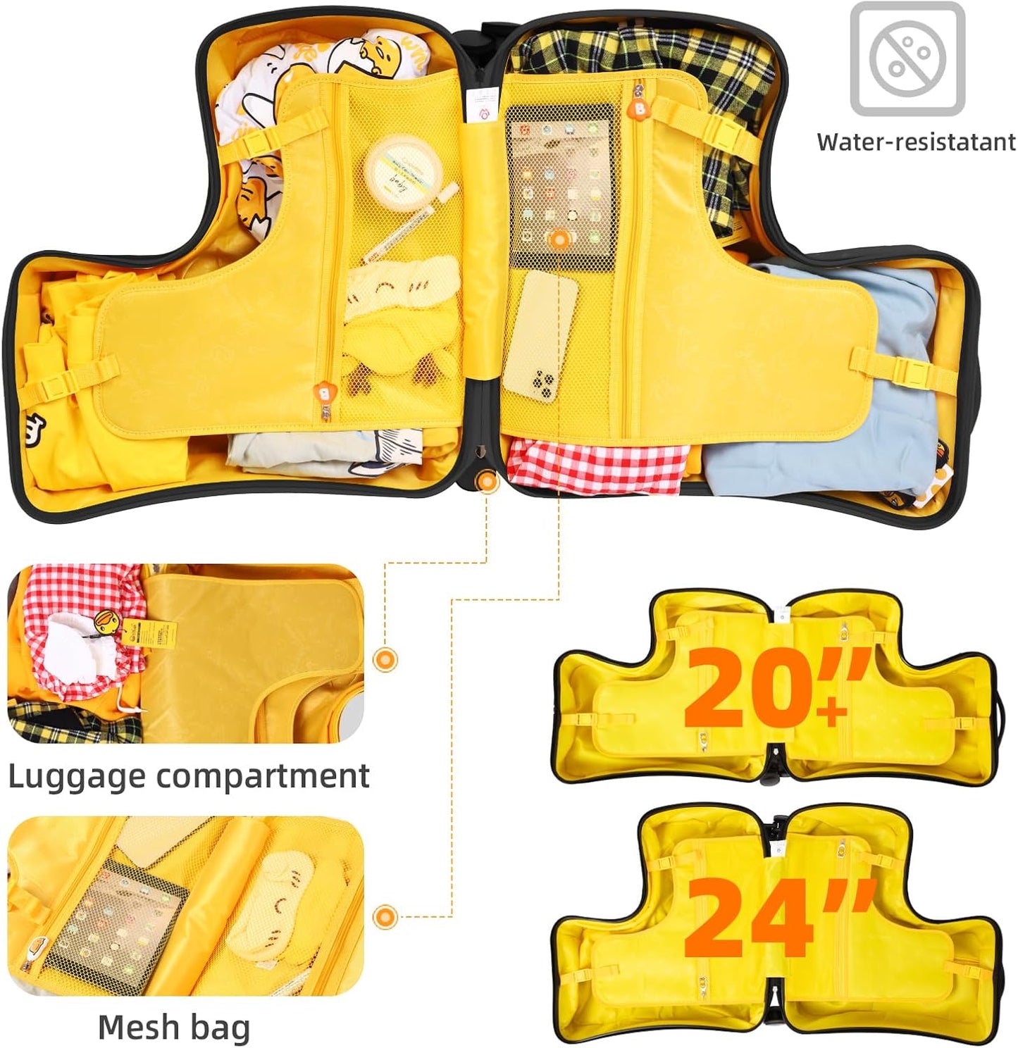 Ride on Kids Luggage with Wheels for Girls and Boys,Hard-sided Kids Rolling Suitcase for Toddler,Carry On 21 Inch Ages 3-6,Yellow