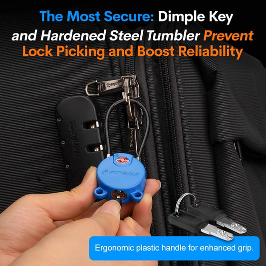 Forge TSA Approved Luggage Locks Ultra-Secure Dimple Key Cable Locks for Travel with Zinc Alloy Body- 2 Blue Locks
