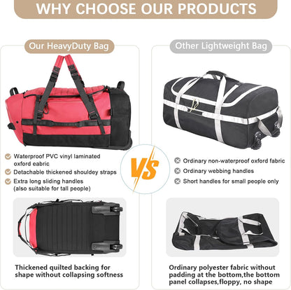 Vomgomfom 86L Collapsible Wheeled Luggage With Removable Backpack Straps,Waterproof Rolling Duffle Bag with Quilted Base,No Telescope Handle,Red