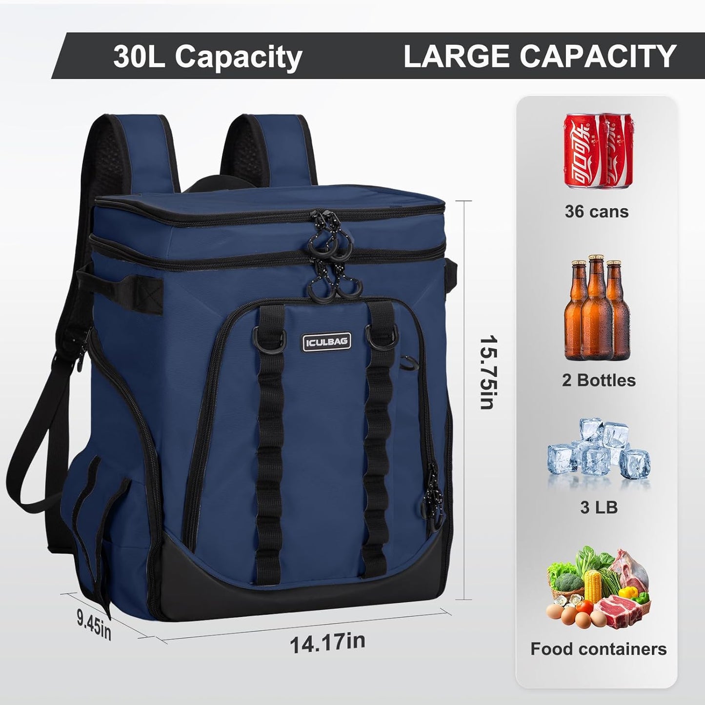 Beach Cooler Backpack for Men 36cans Insulated Backpack Cooler Lunch Bag for Women Camping Hiking Picnic Travel for 18 Hours Cooling 30L