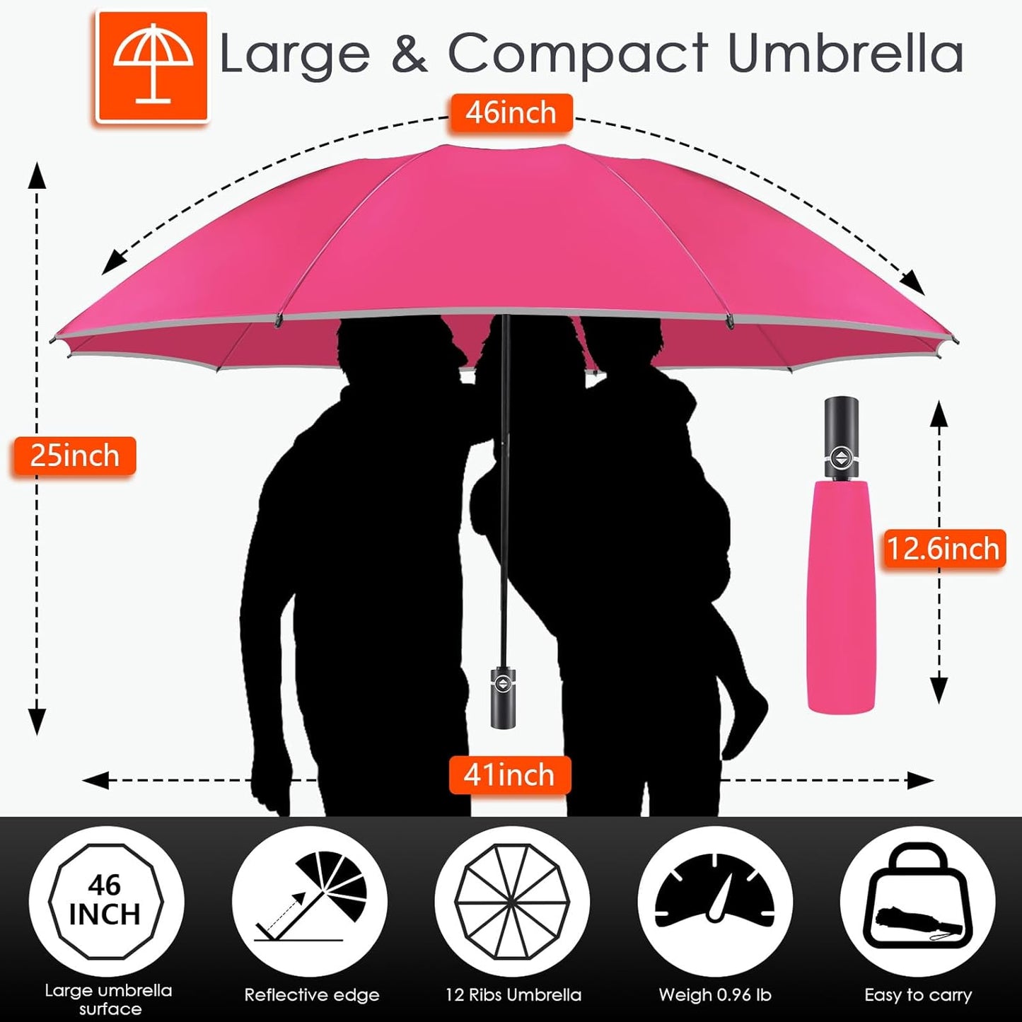 Bodyguard Inverted Umbrella - Large Windproof for Rain & Sun, Compact Reverse With Reflective Stripe, Teflon-Coated for Women Men, Travel Folding With Cover Bag