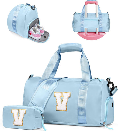 Valentines Day Gifts for Her-Girl Gym Bag with Shoe Compartment, Kid Personalized Weekender Overnight Bags, Initial Travel Tote with Makeup Pouch, Girls Kids Easter Gift (Letter V)