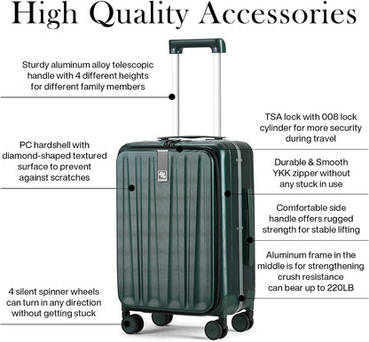 Hanke 20 Inch Carry On Luggage Aluminum Frame Front Opening Rolling Suitcase PC Hard Sided Luggage with Spinner Wheels Travel Luggage for Woman Men Gifts.(Dark Green)