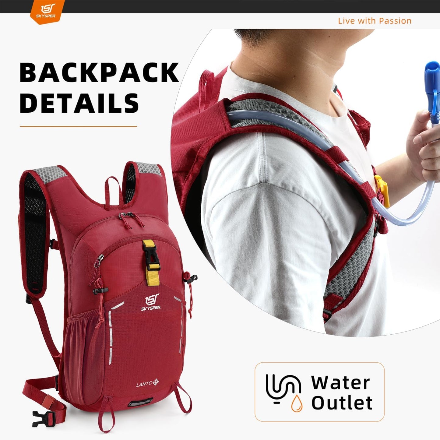 SKYSPER Small Hiking Backpack - 15L Travel Daypack Lightweight Bag Water Resistant Hiking Backpacks for Women Men(Red)