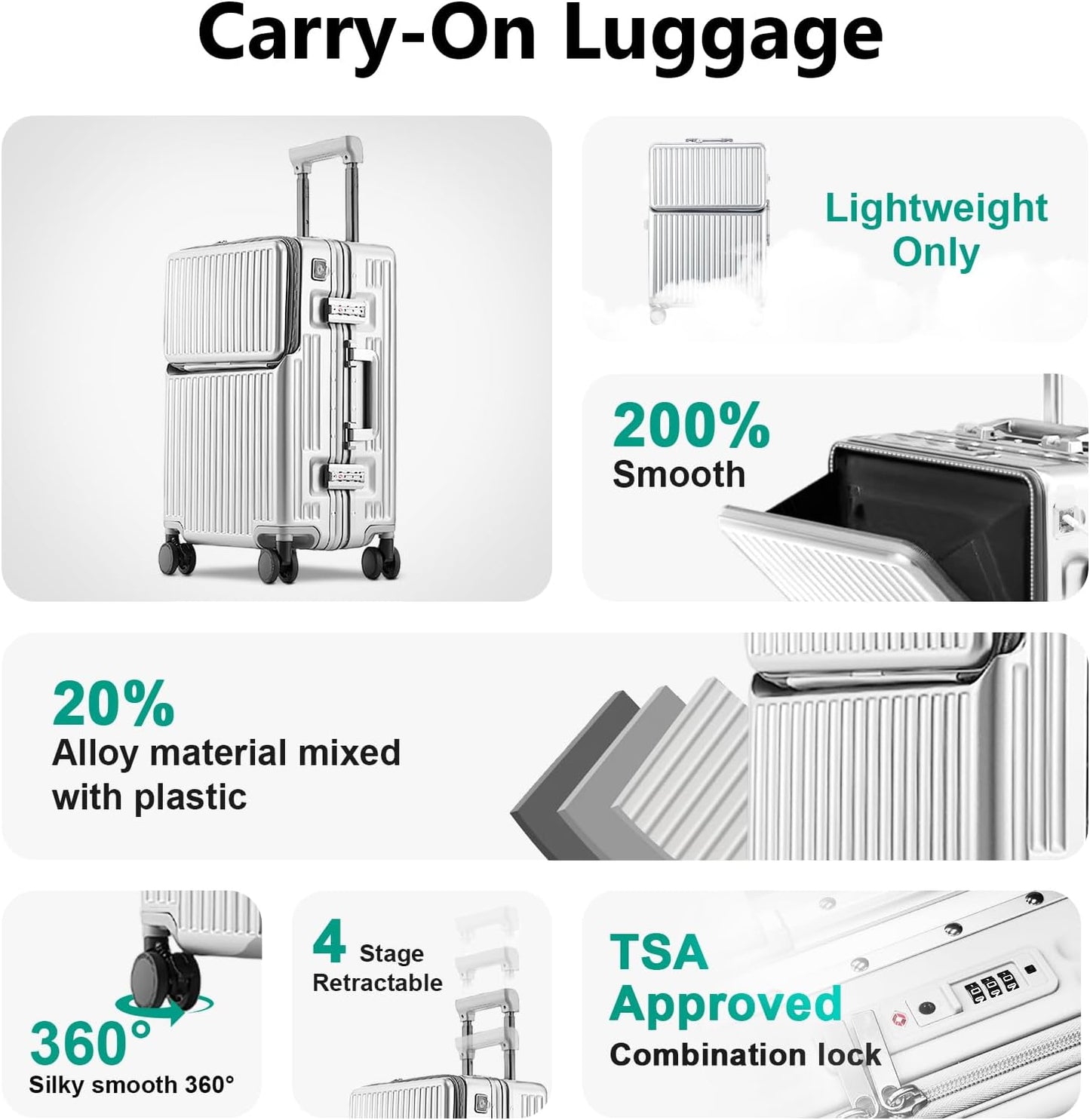 Hard Shell Luggage 24 Inch Travel Luggage, Carry-On Luggage Spinner TSA with Lid, PC+ABS Aluminum Frame，Lightweight Travel Luggage 20'' 24'' 26''Carry-On (upgraded silver, 24 inch)