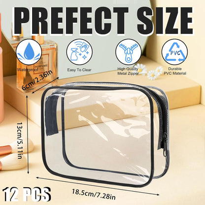 12 Pcs Clear Toiletry Bag PVC Waterproof Zippered PVC Cosmetic Makeup Carry Pouch TSA Approved Toiletry Bag for Travel Clear Organizer Storage Bags (Medium, Black)