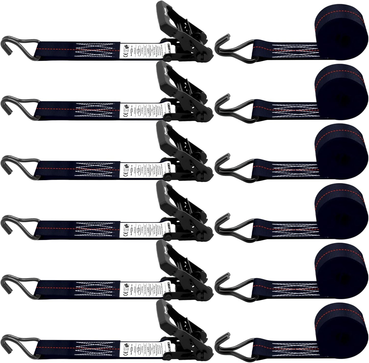 6 Pack 2 inch Ratchet Straps Heavy Duty J Hook 2 in x 15ft with Strong Ratcheting, Cargo Load Tie Down Strap 2200lbs Working Load for Trucks Black