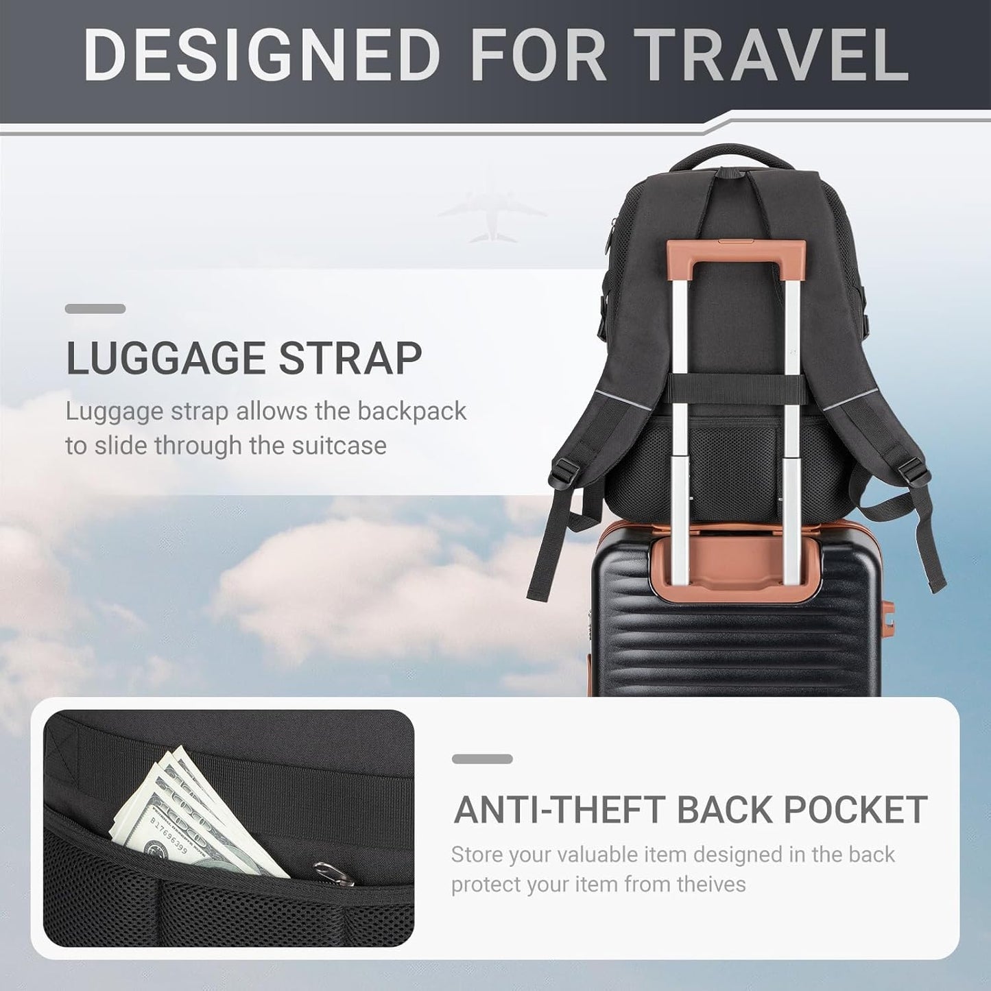 40L Expandable Laptop Backpack, Anti-thief Travel Backpack with USB Charging Port, Airline Approved Business Waterproof Carry on Luggage, Fits 15.6" Laptop for Men Women