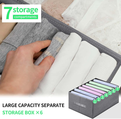 Jeans Organizer for Closet, Foldable Wardrobe Clothes Organizer with Handle, Stackable Closet Clothes Drawer Organizer Tshirts with 7 Grids for Leggings, Sweater, Jean, Pants, Grey (6 PACK)
